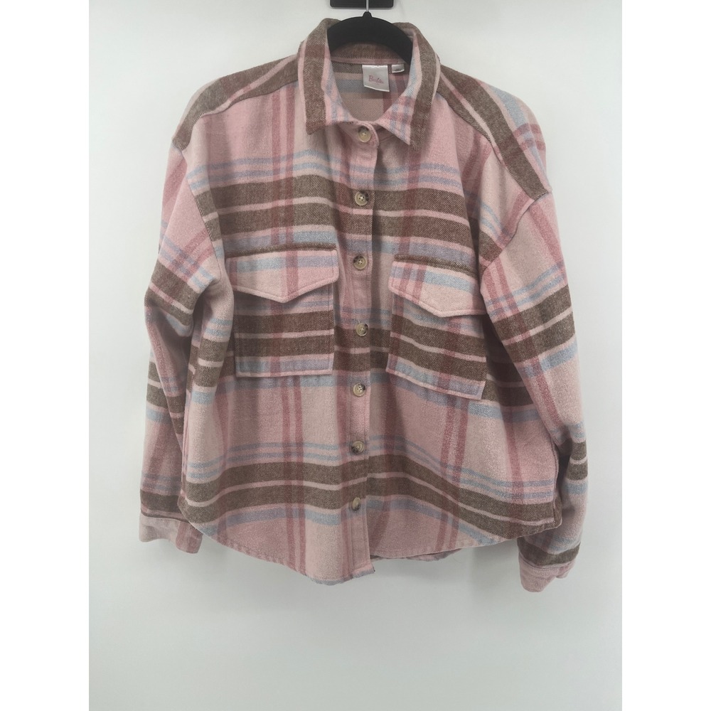 Barbie Movie Pink Plaid Flannel Shacket Button Up Jacket Logo Back Womens Medium - Picture 2 of 8